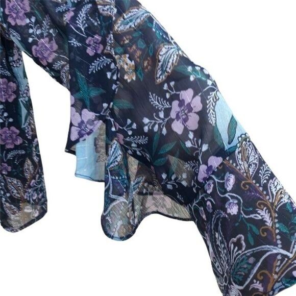 90's Iz Byer Boho Ruffled Bell Sleeve Metallic Threading FLoral Blouse Blue Sz L - Picture 8 of 12